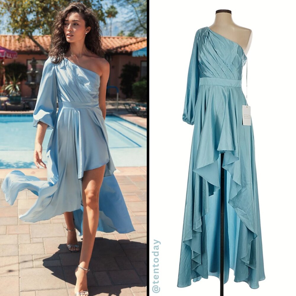 Mac Duggal 49141 Size 10 Blue Long Sleeve One Shoulder Satin High Low Gown Dress